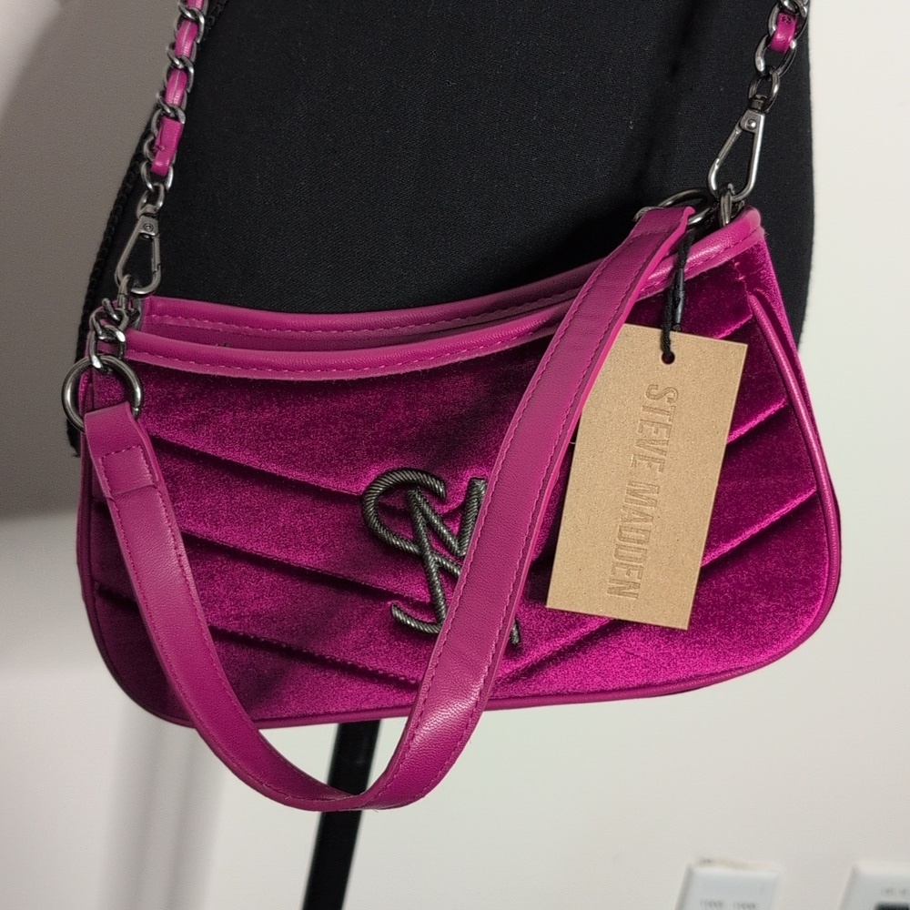Steve Madden Bzoia Dark Fuschia Velvet Crossbody Festive Handbag Y2K Chic Glam - Picture 8 of 13